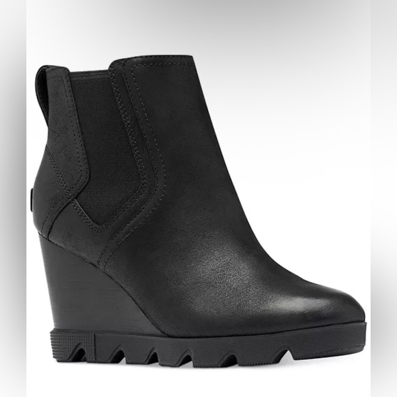 Sorel Women's Joan Uptown Wedge Platform Chelsea Boot Black Leather Size 8.5 - Picture 1 of 10